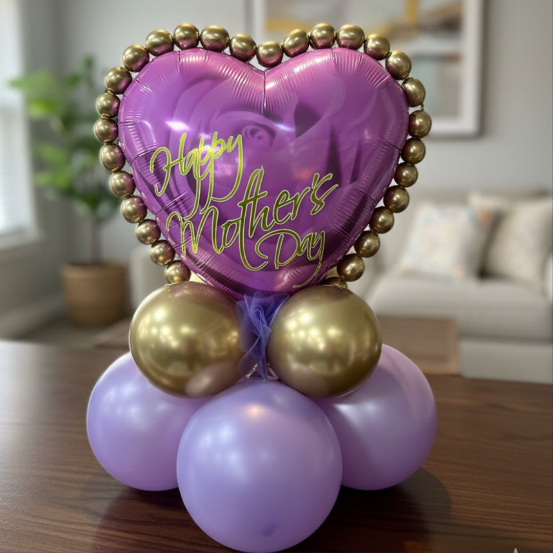 Luxury Custom Mother’s Day Balloon Stack – Purple & Gold Heart Foil Display Gift for Mum