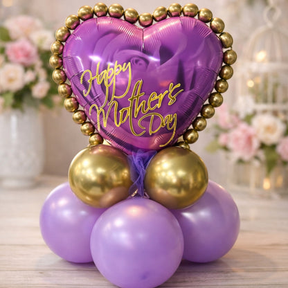 Luxury Custom Mother’s Day Balloon Stack – Purple & Gold Heart Foil Display Gift for Mum
