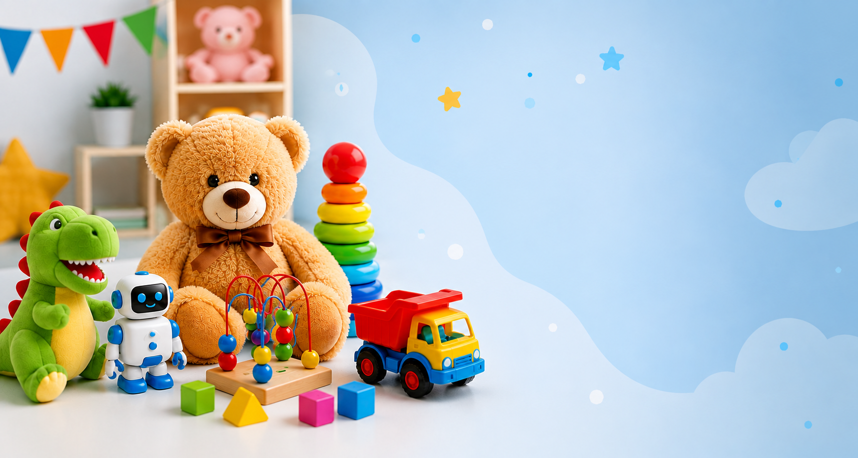 A collection of colorful children's toys arranged on a white surface against a light blue background with cloud and star illustrations. The toys include a large brown teddy bear, a green dinosaur plush, a small robot toy, a rainbow stacking toy, a bead maze, a red and yellow dump truck, and several wooden blocks.

